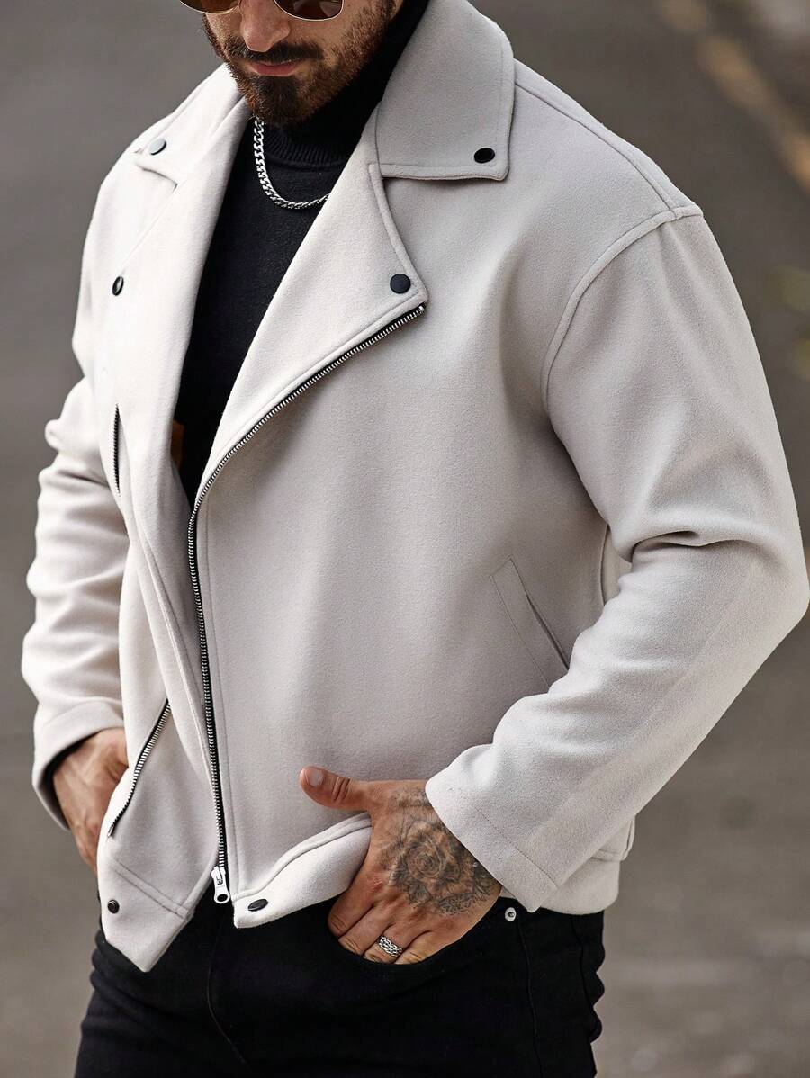 Manfinity Homme Men's Front Zipper Long Sleeve Minimalist Jacket, Casual Daily Wear