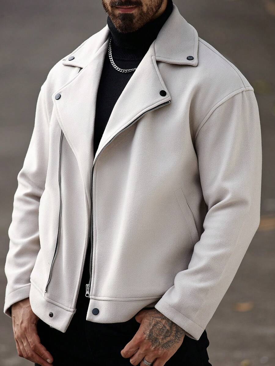 Manfinity Homme Men's Front Zipper Long Sleeve Minimalist Jacket, Casual Daily Wear