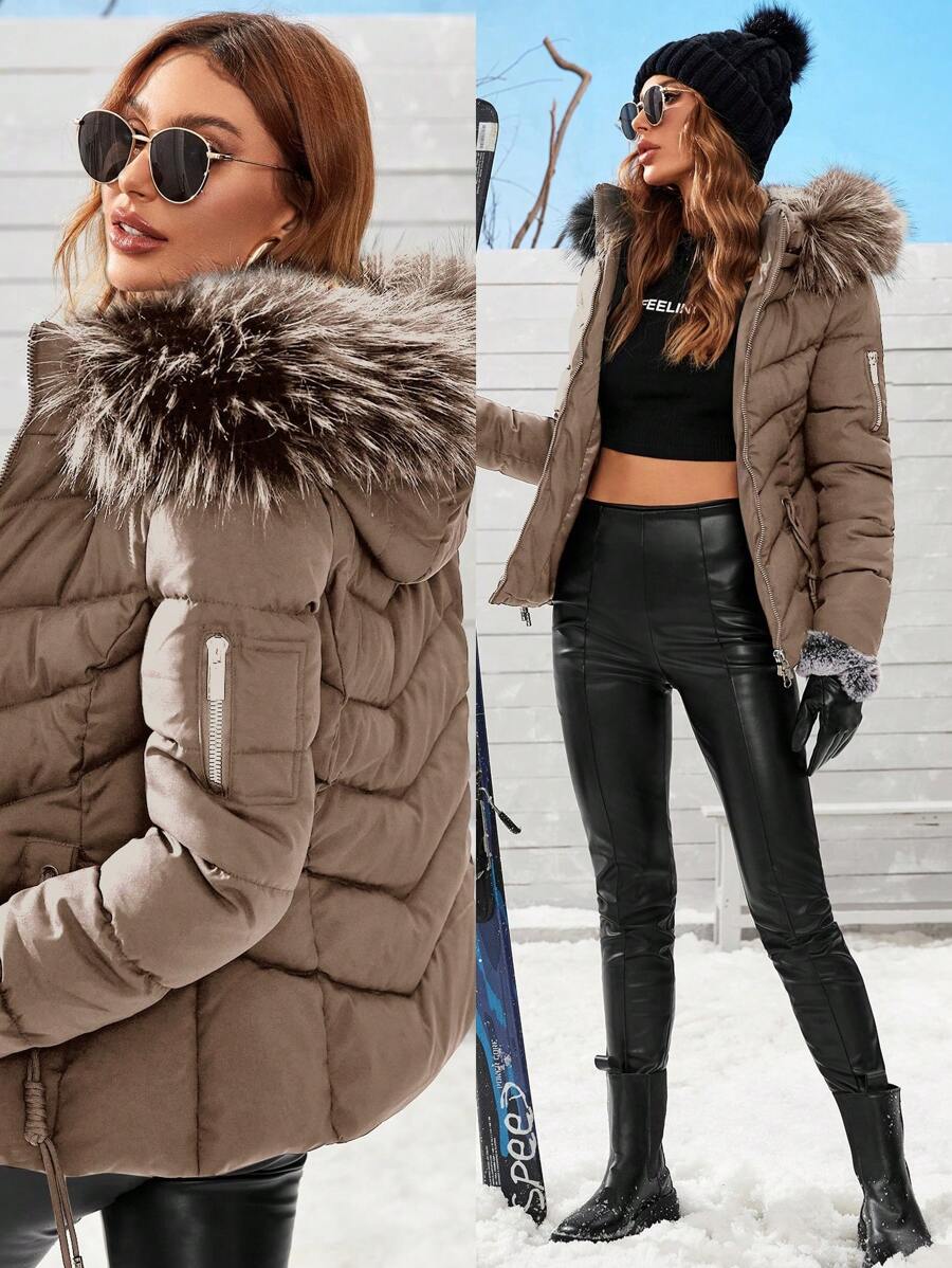 Anewsta Women's Solid Color Long Sleeve Zipper Collar Patchwork Fuzzy Hooded Padded Coat, Winter