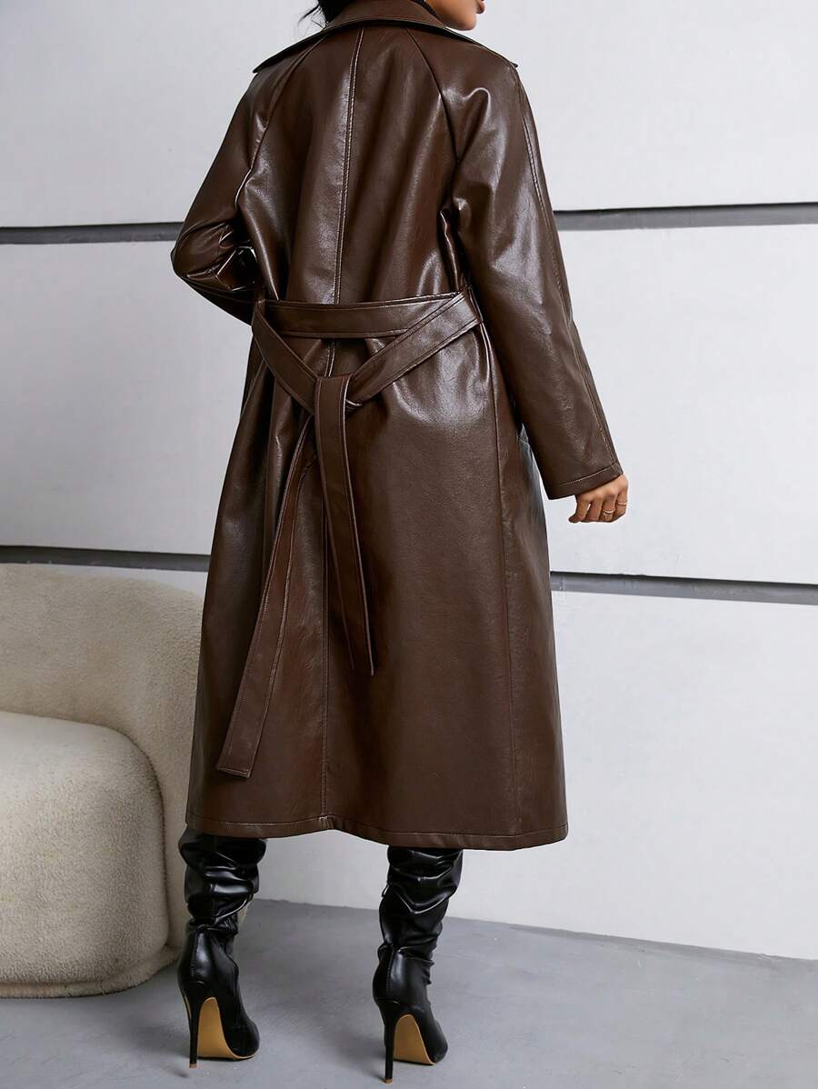 Firerie Women's Regular Fit Pu Leather Jacket With Contrast Lapel, Tie Belt And Waistband In Fall/Winter