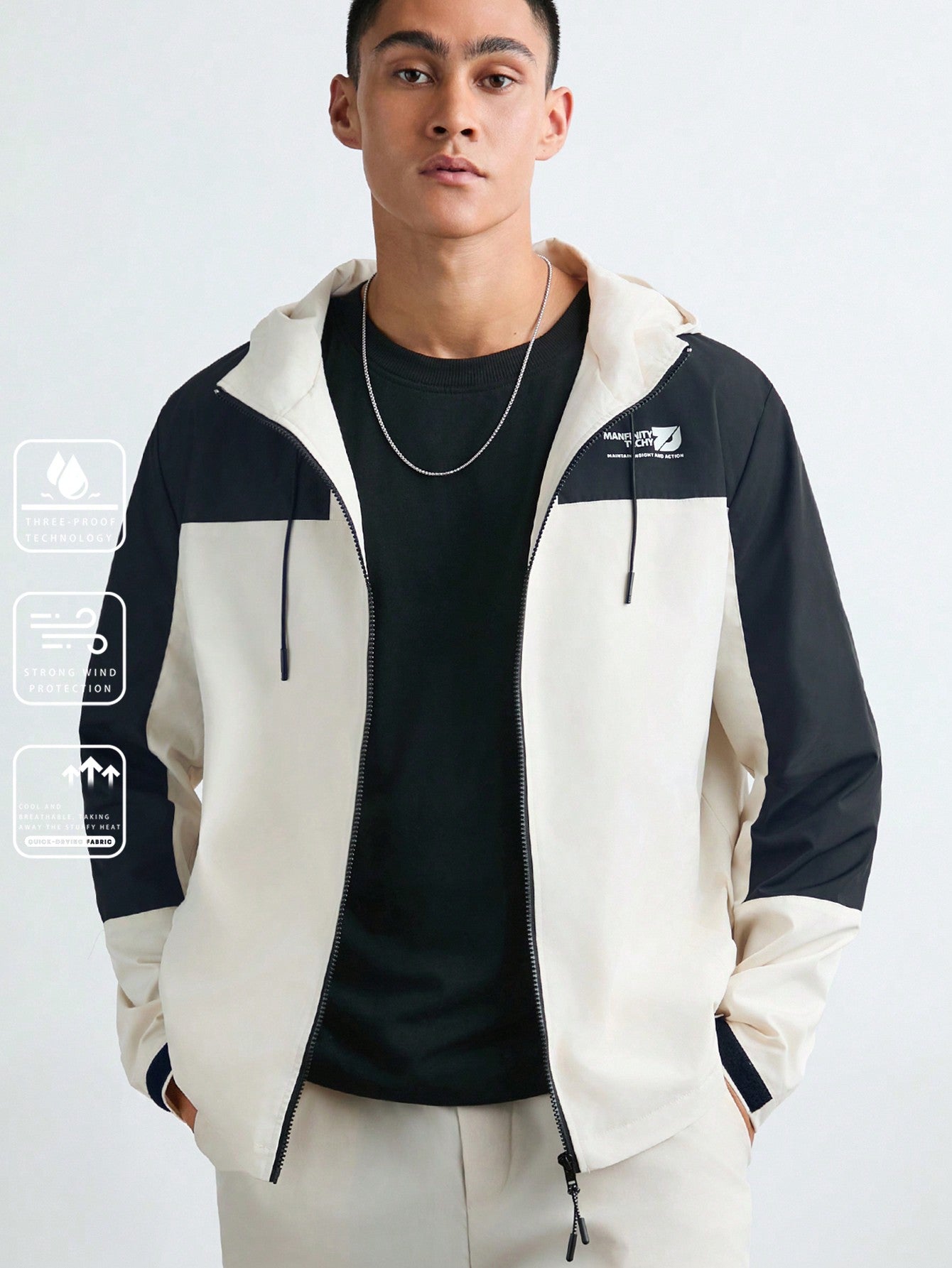 Manfinity VCAY Men's Casual Fashion Windbreaker Patchwork Loose Fit Long Sleeve Open Front Jacket