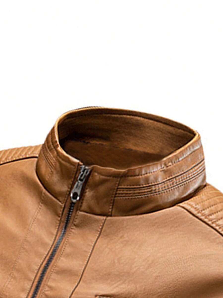 Men's Zipper Long Sleeve Fitted Fashionable PU Leather Biker Jacket, For Fall Winter