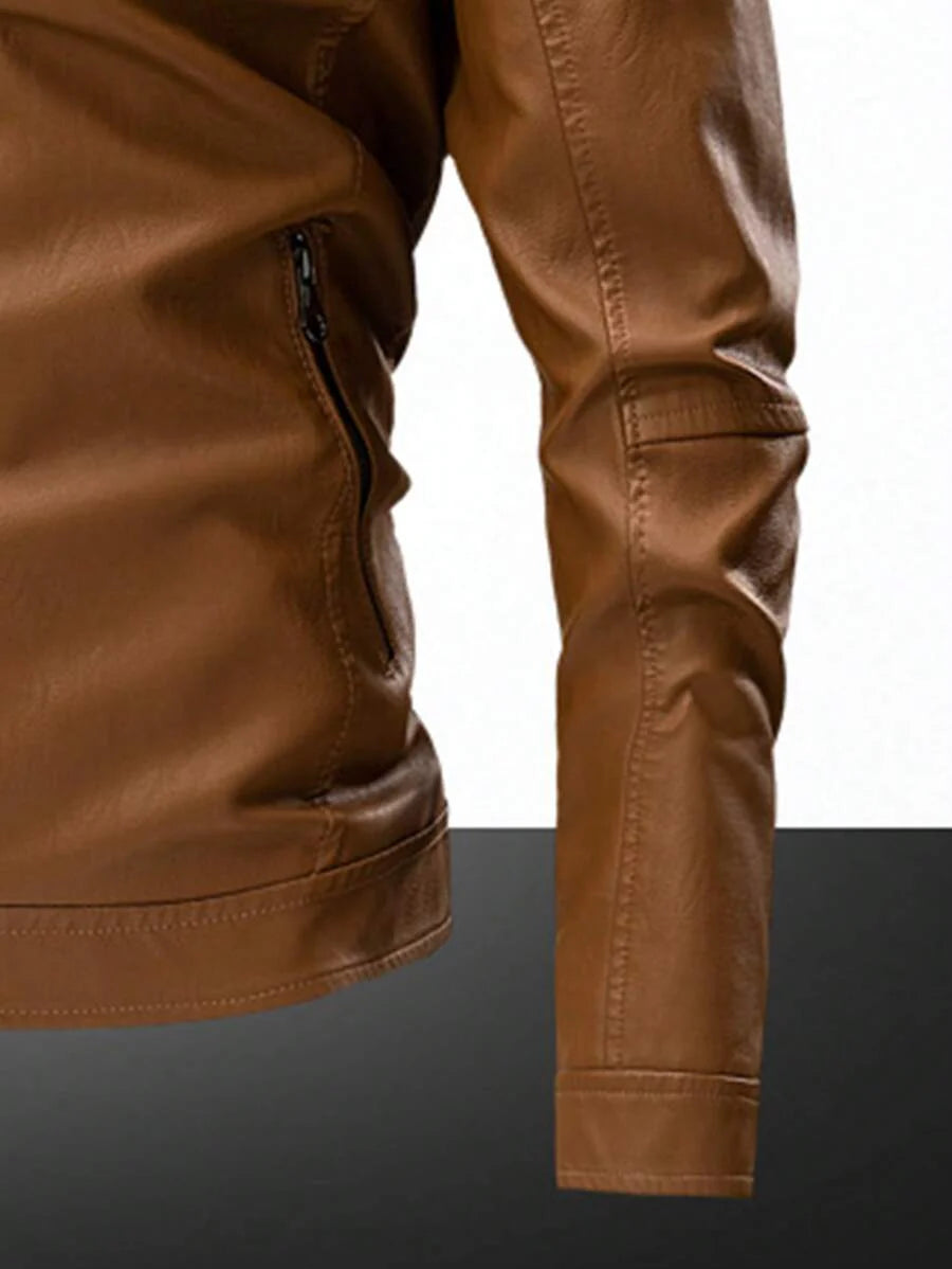 Men's Zipper Long Sleeve Fitted Fashionable PU Leather Biker Jacket, For Fall Winter