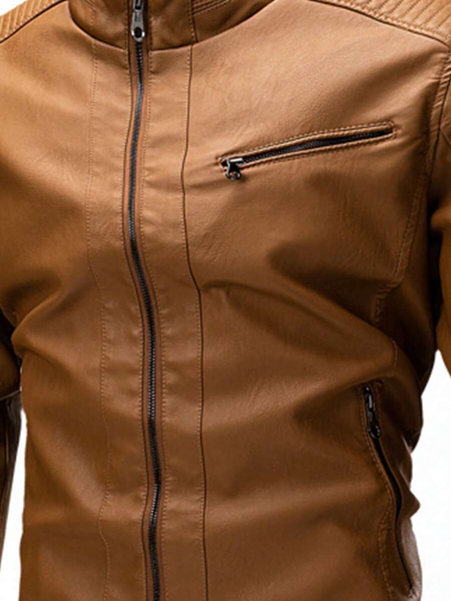 Men's Zipper Long Sleeve Fitted Fashionable PU Leather Biker Jacket, For Fall Winter