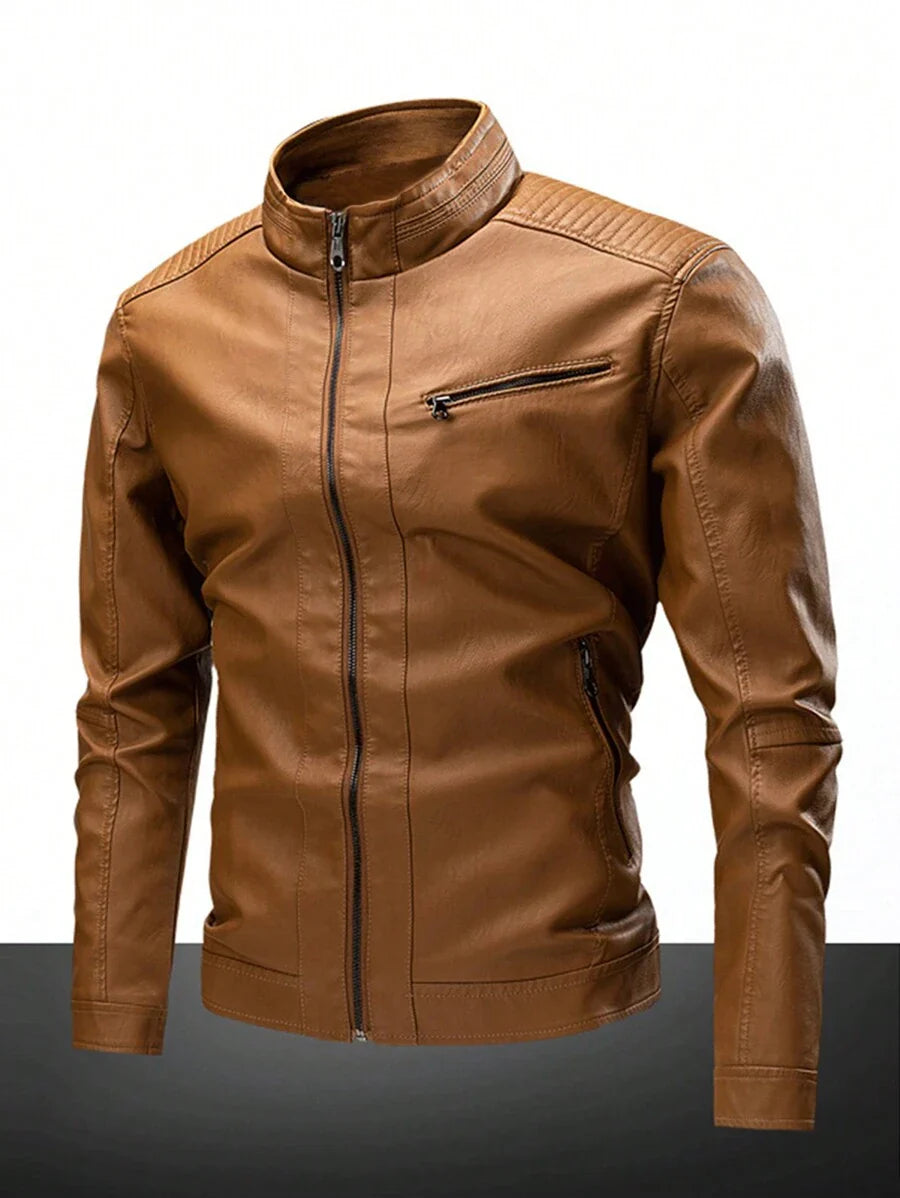 Men's Zipper Long Sleeve Fitted Fashionable PU Leather Biker Jacket, For Fall Winter