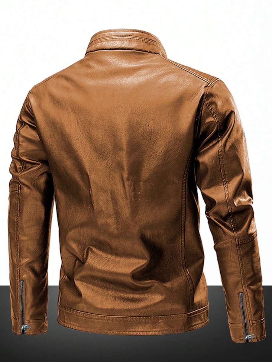 Men's Zipper Long Sleeve Fitted Fashionable PU Leather Biker Jacket, For Fall Winter