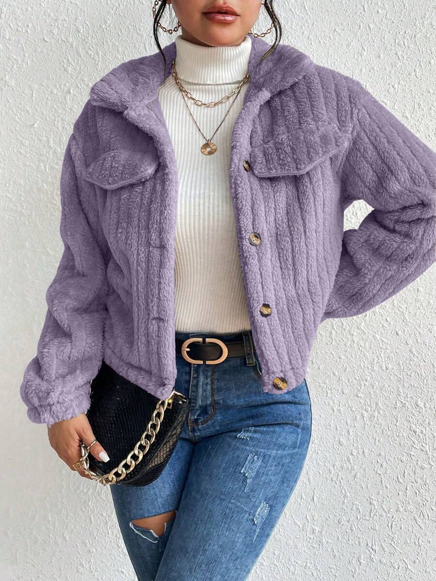 EMERY ROSE Flap Detail Fluffy Jacket Fall Winter Cloth For Women