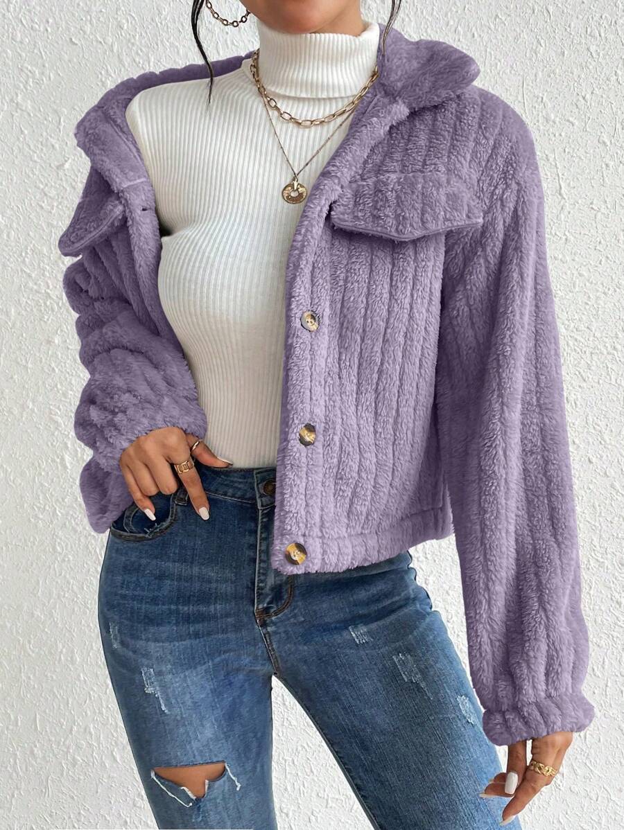 EMERY ROSE Flap Detail Fluffy Jacket Fall Winter Cloth For Women