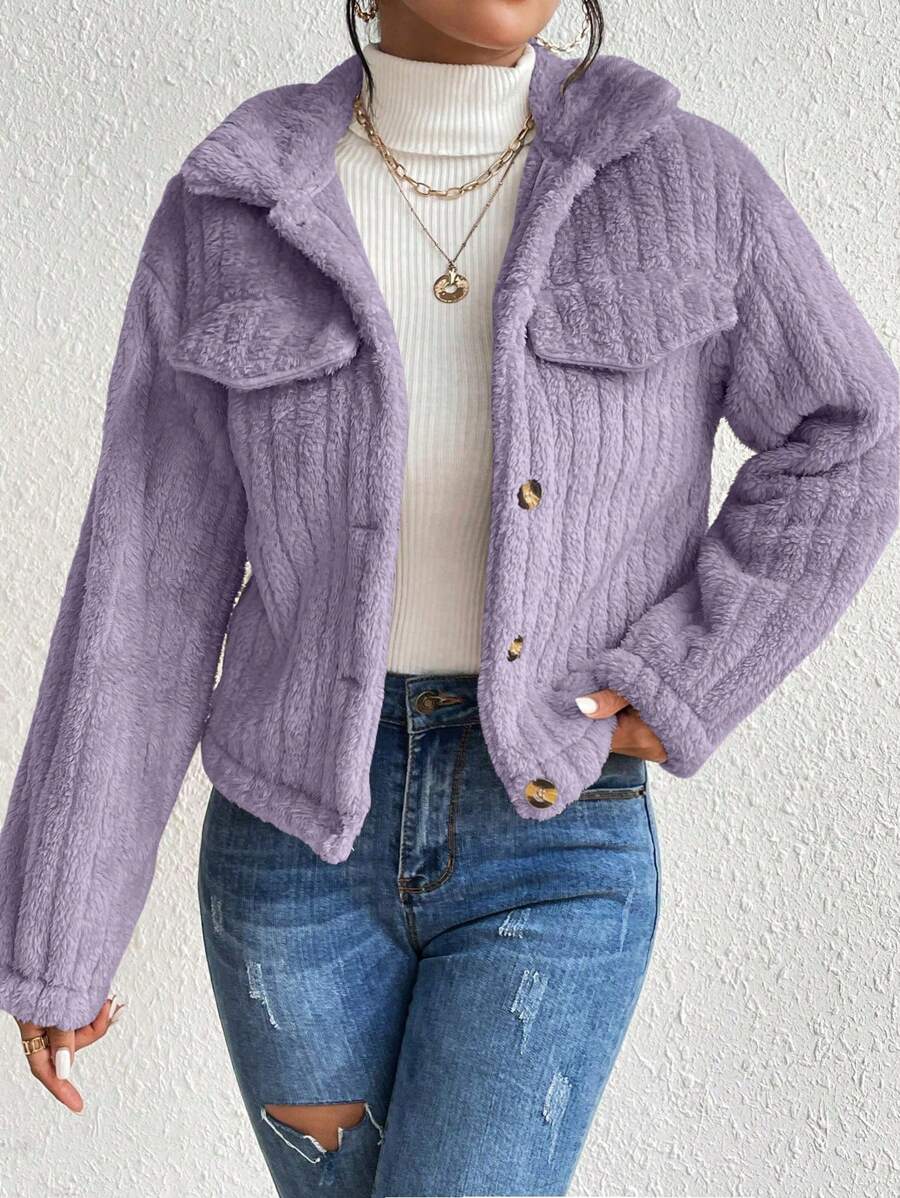 EMERY ROSE Flap Detail Fluffy Jacket Fall Winter Cloth For Women
