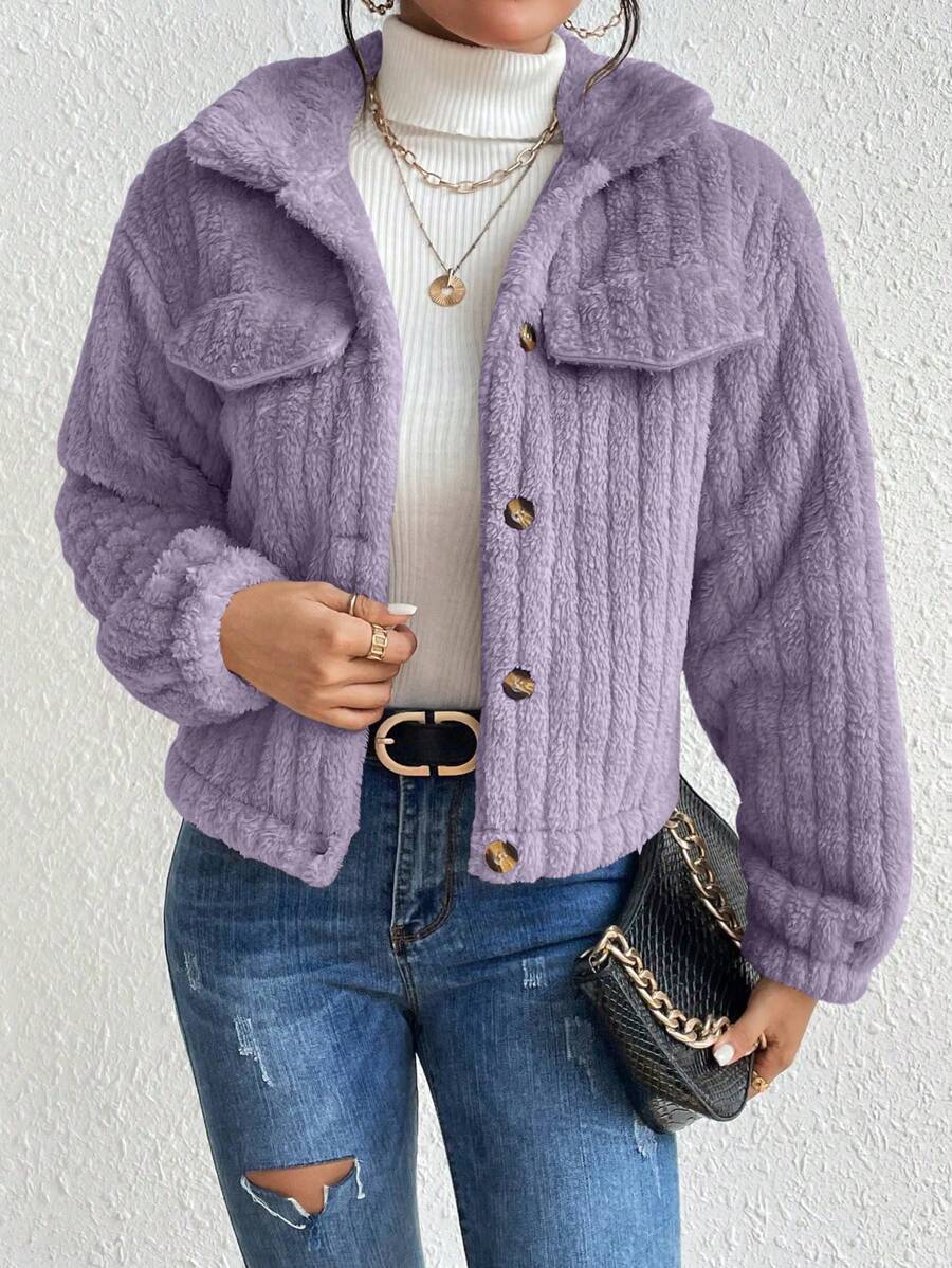 EMERY ROSE Flap Detail Fluffy Jacket Fall Winter Cloth For Women