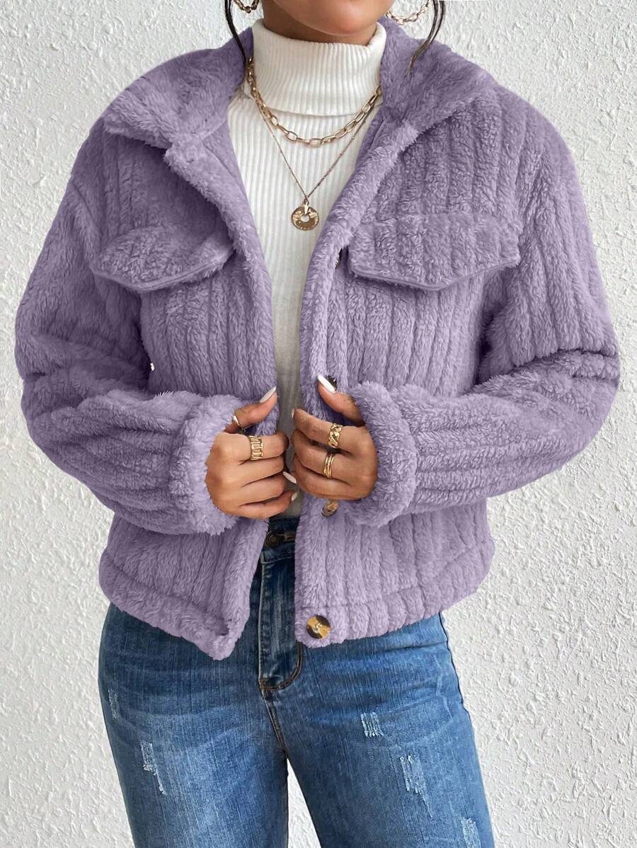 EMERY ROSE Flap Detail Fluffy Jacket Fall Winter Cloth For Women