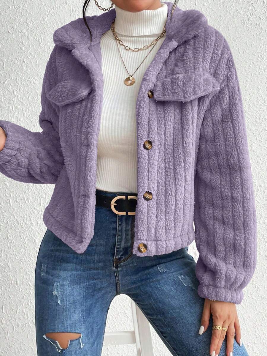 EMERY ROSE Flap Detail Fluffy Jacket Fall Winter Cloth For Women