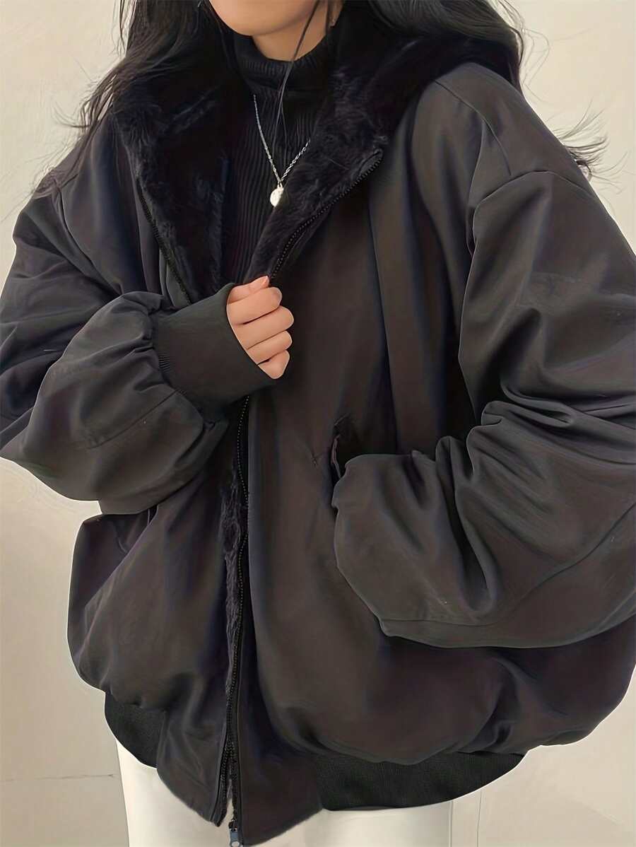 Women's Oversized Hooded Parka With Faux Fur Collar, Slimming Silhouette, Dual-Sided Wear, Daily Street Style, Short Jacket For Autumn/Winter