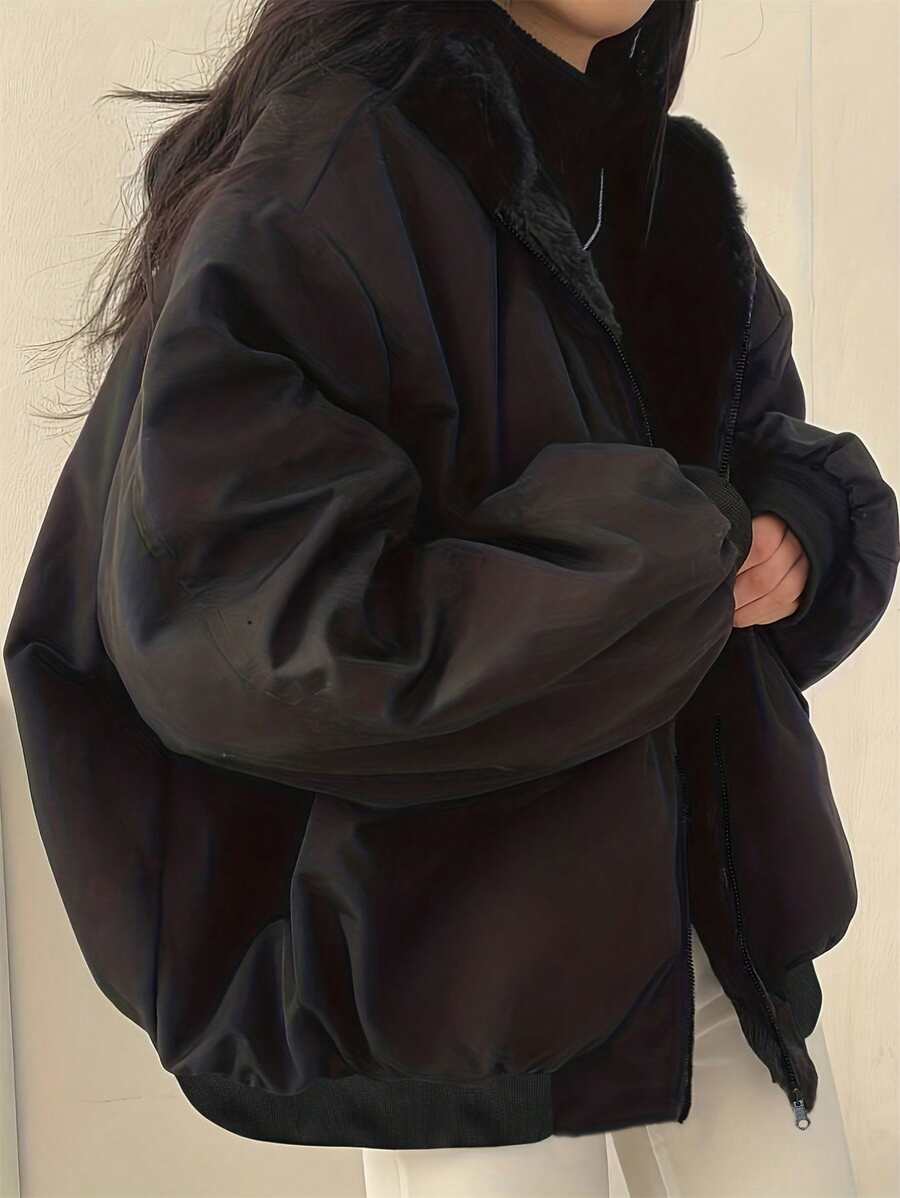 Women's Oversized Hooded Parka With Faux Fur Collar, Slimming Silhouette, Dual-Sided Wear, Daily Street Style, Short Jacket For Autumn/Winter