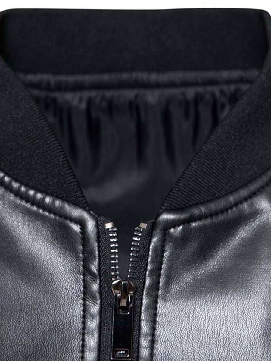 1pc Men's PU Leather Jacket, Casual Zip-Up Raglan Collar Motorcycle Riding Outerwear, Suitable For Spring/Autumn,Fleece