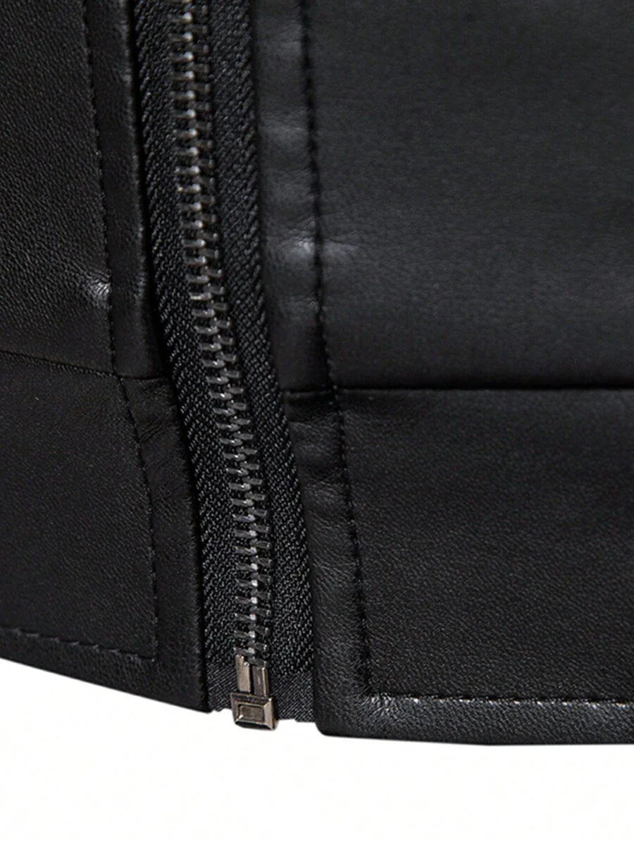 1pc Men's PU Leather Jacket, Casual Zip-Up Raglan Collar Motorcycle Riding Outerwear, Suitable For Spring/Autumn,Fleece
