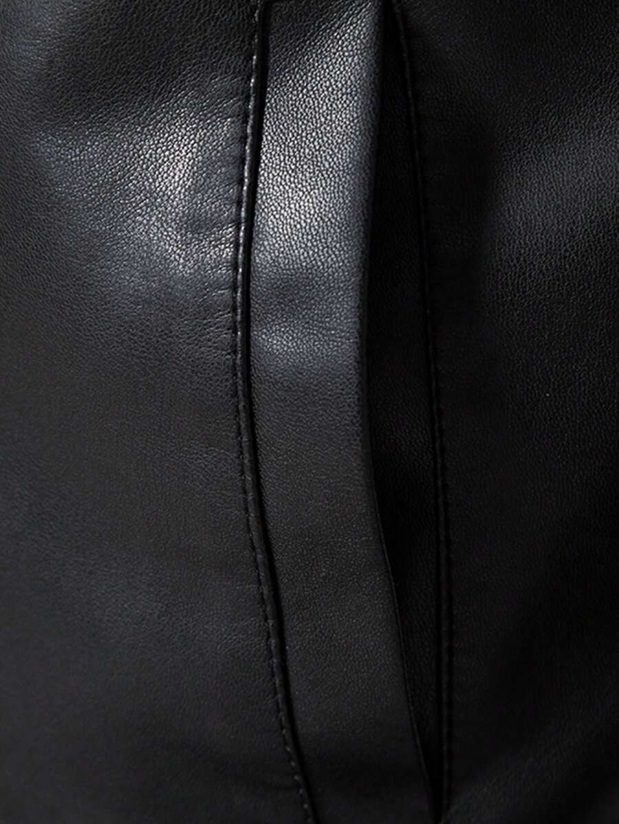 1pc Men's PU Leather Jacket, Casual Zip-Up Raglan Collar Motorcycle Riding Outerwear, Suitable For Spring/Autumn,Fleece
