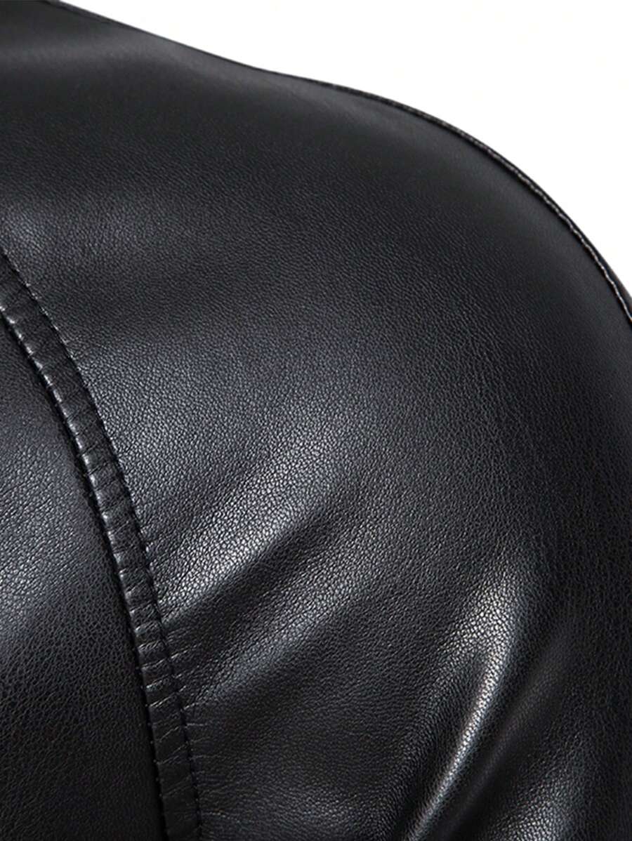 1pc Men's PU Leather Jacket, Casual Zip-Up Raglan Collar Motorcycle Riding Outerwear, Suitable For Spring/Autumn,Fleece