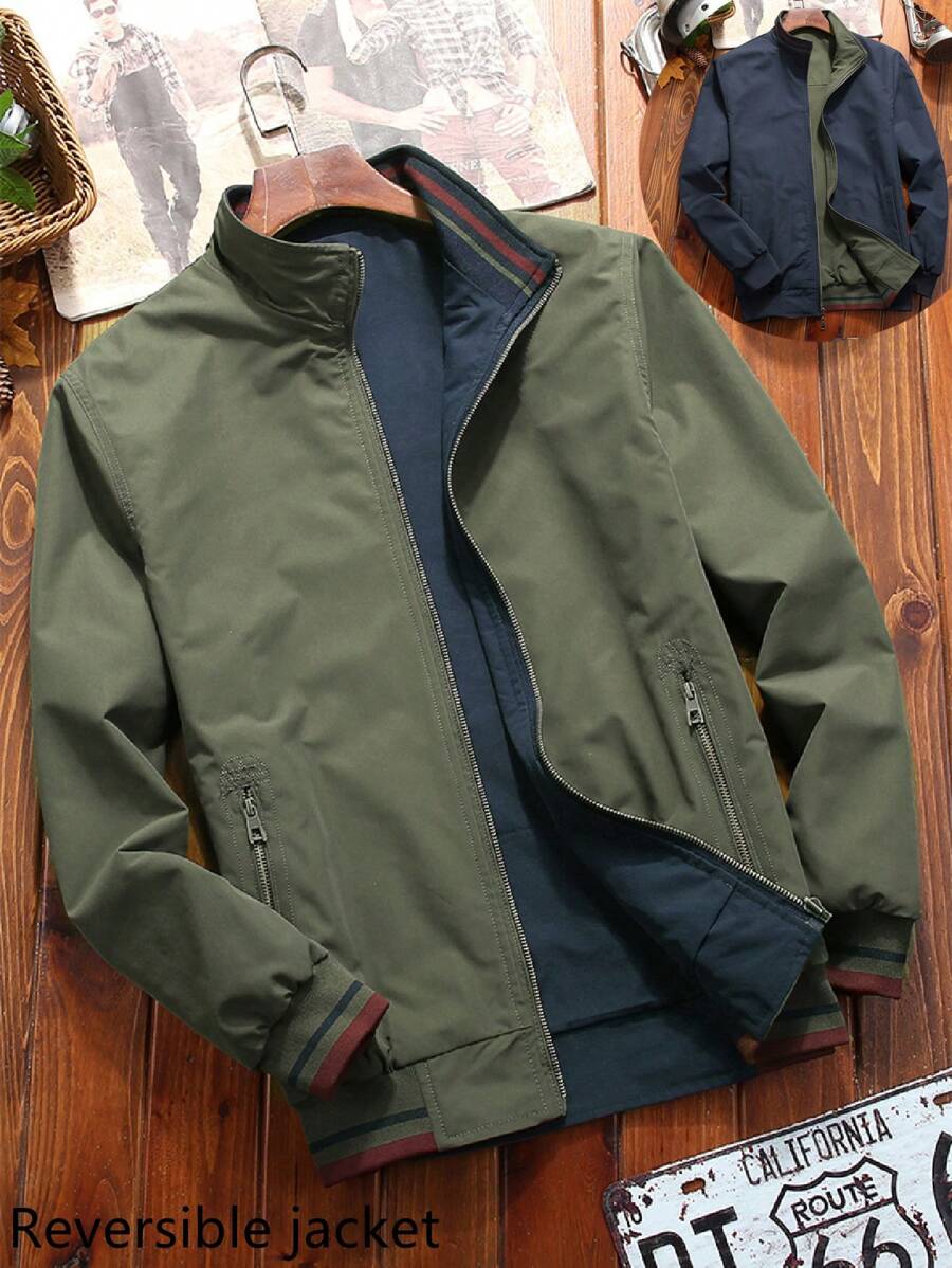 Manfinity Homme 2-In-1 Men's Casual Long Sleeve Reversible Casual Outdoor Windbreaker Jacket, Lightweight Summer Bomber Jacket, Fall