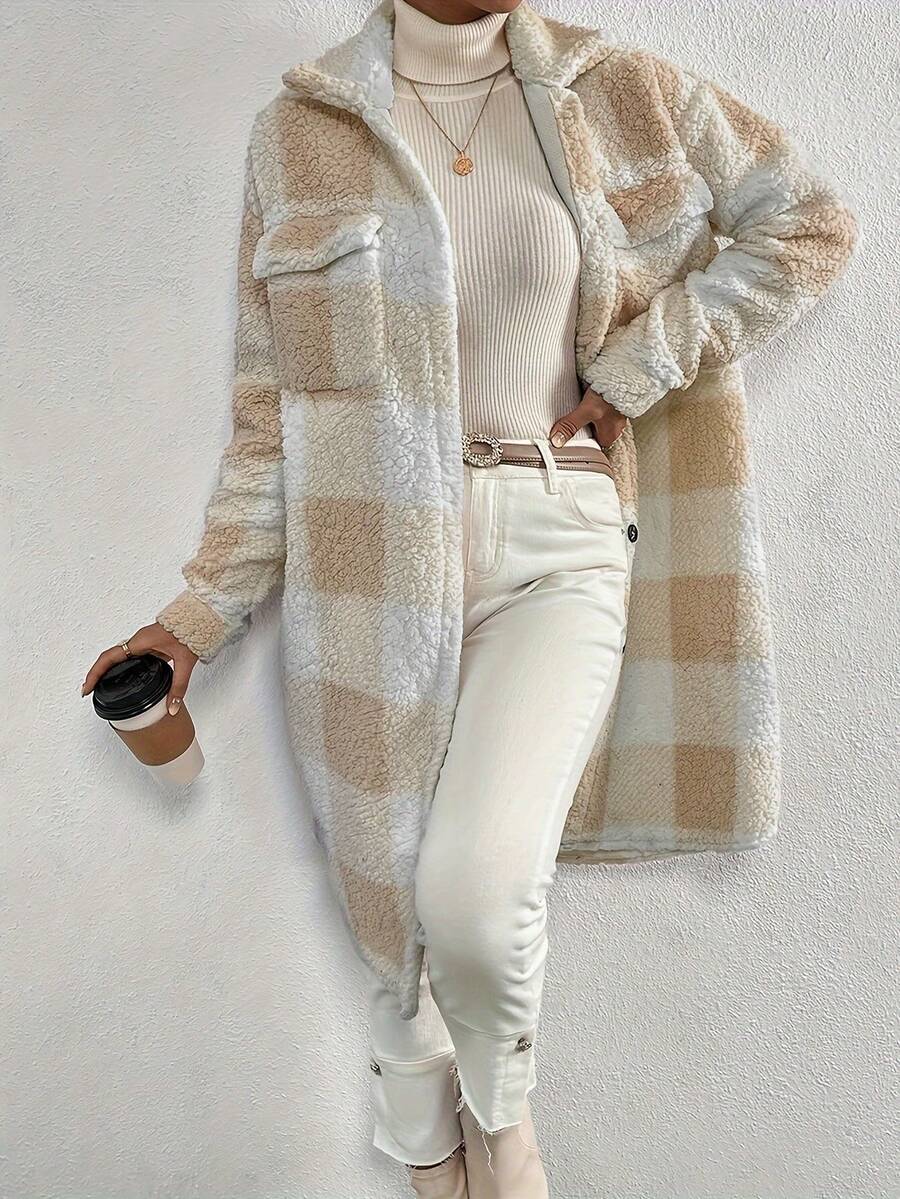 Women's Autumn & Winter Single-Breasted Lapel Plush Plaid Coat, Loose Long Overcoat, Long-Sleeved Outerwear