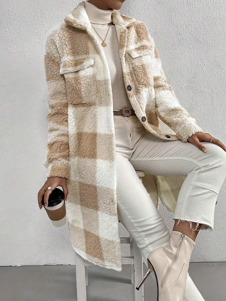 Women's Autumn & Winter Single-Breasted Lapel Plush Plaid Coat, Loose Long Overcoat, Long-Sleeved Outerwear