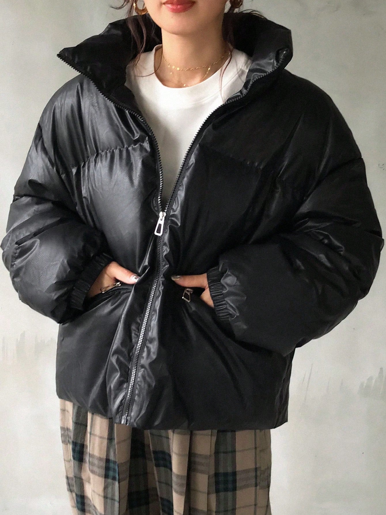 FRIFUL Stand Collar Loose Warm PU Plain Padded Coat For Women Jacket Winter