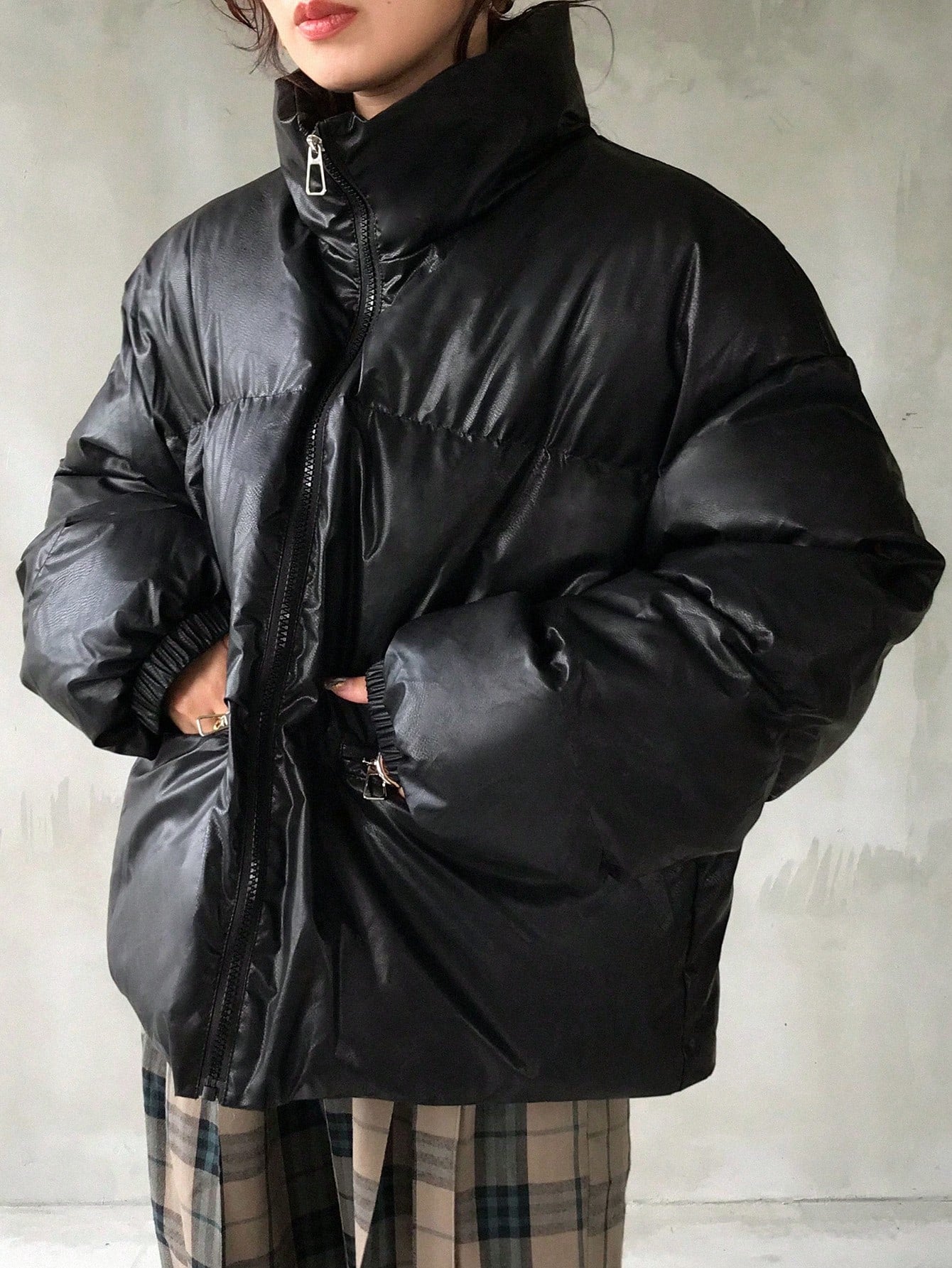 FRIFUL Stand Collar Loose Warm PU Plain Padded Coat For Women Jacket Winter