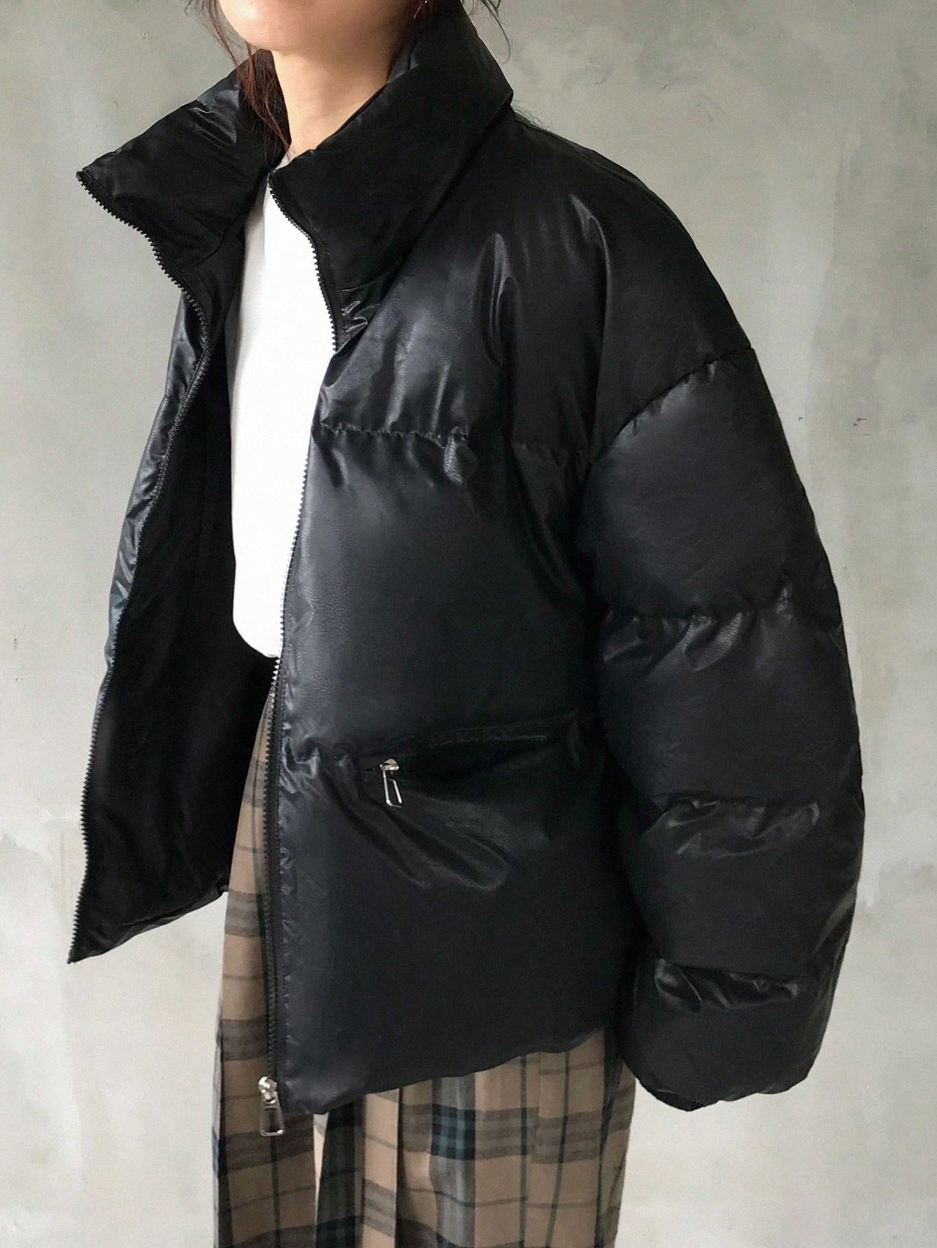 FRIFUL Stand Collar Loose Warm PU Plain Padded Coat For Women Jacket Winter