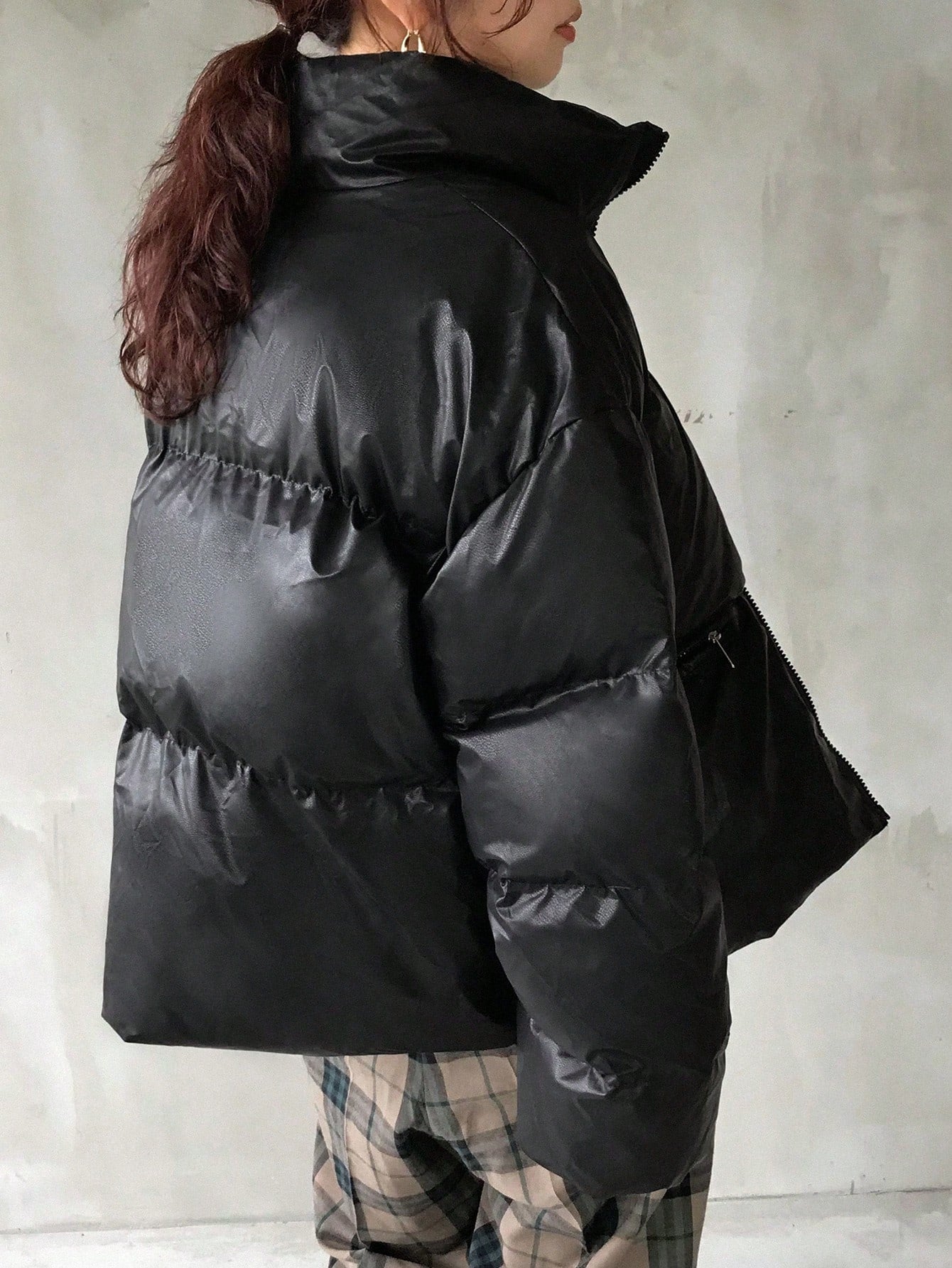FRIFUL Stand Collar Loose Warm PU Plain Padded Coat For Women Jacket Winter