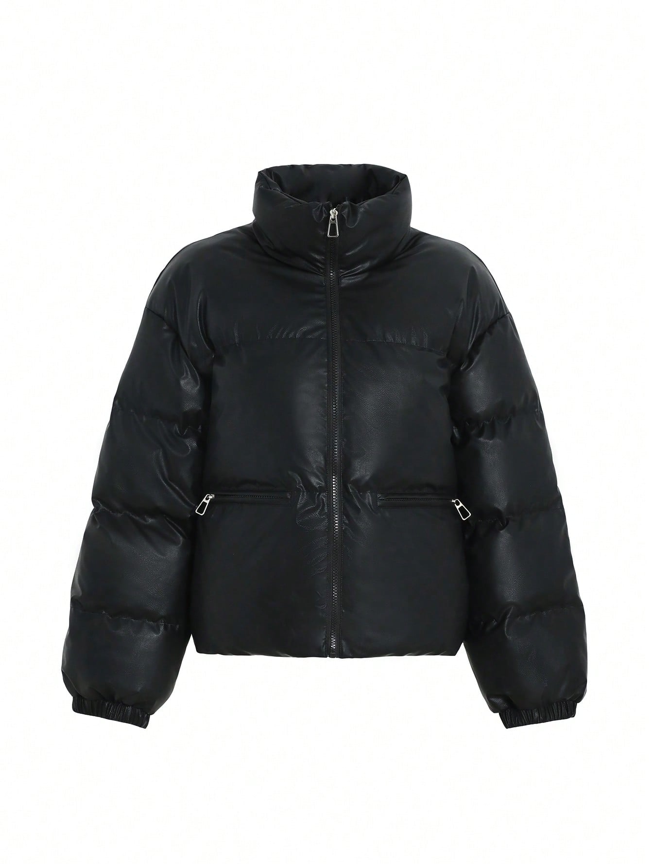 FRIFUL Stand Collar Loose Warm PU Plain Padded Coat For Women Jacket Winter