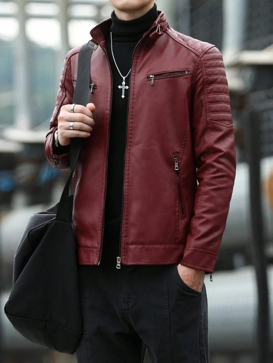 Men's Front Zipper Long Sleeve Minimalist Leather Jacket, Fashion, For Fall Winter