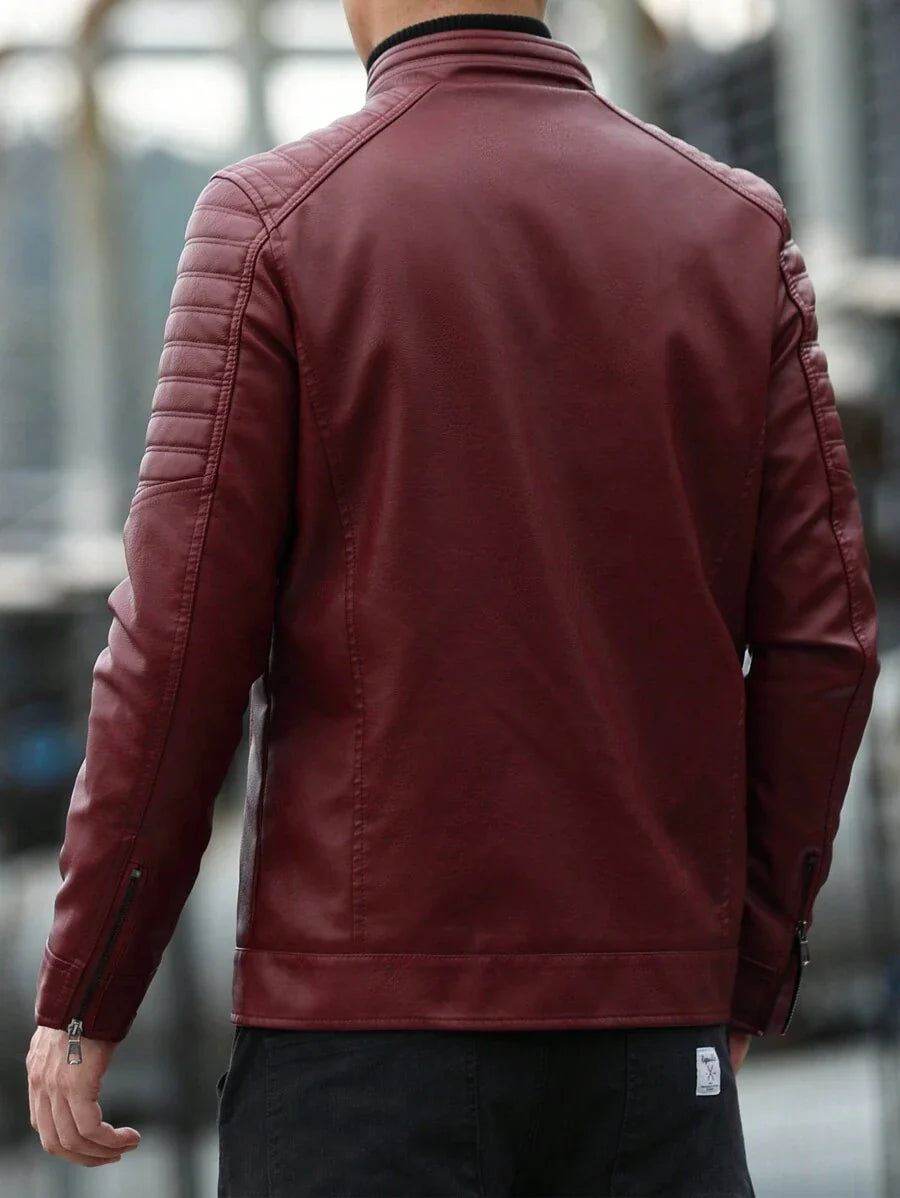 Men's Front Zipper Long Sleeve Minimalist Leather Jacket, Fashion, For Fall Winter