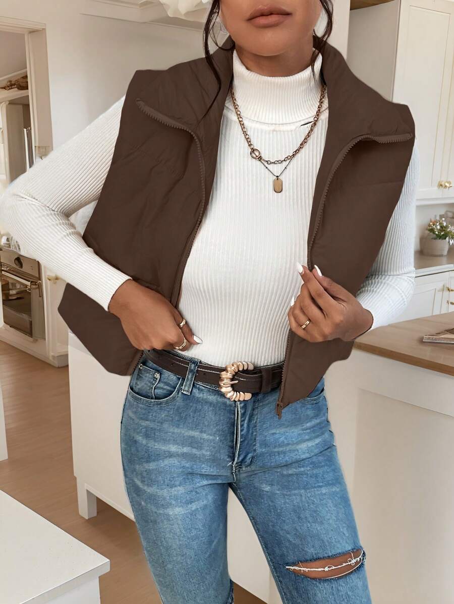 EZwear Women's Down Quilted Collared Sleeveless Jacket, Winter, Women's Sleeveless Zip-Up Casual Warm Padded Coat, Winter Women Coat, Black Jacket, Winter Women Clothes, Black Coat, Retro, Elegant Women, Festival Clothes, Business Casual Women,