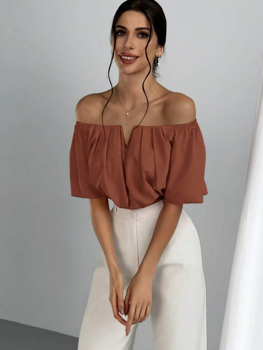 Aloruh Solid Color V-Neck Off Shoulder Casual Top