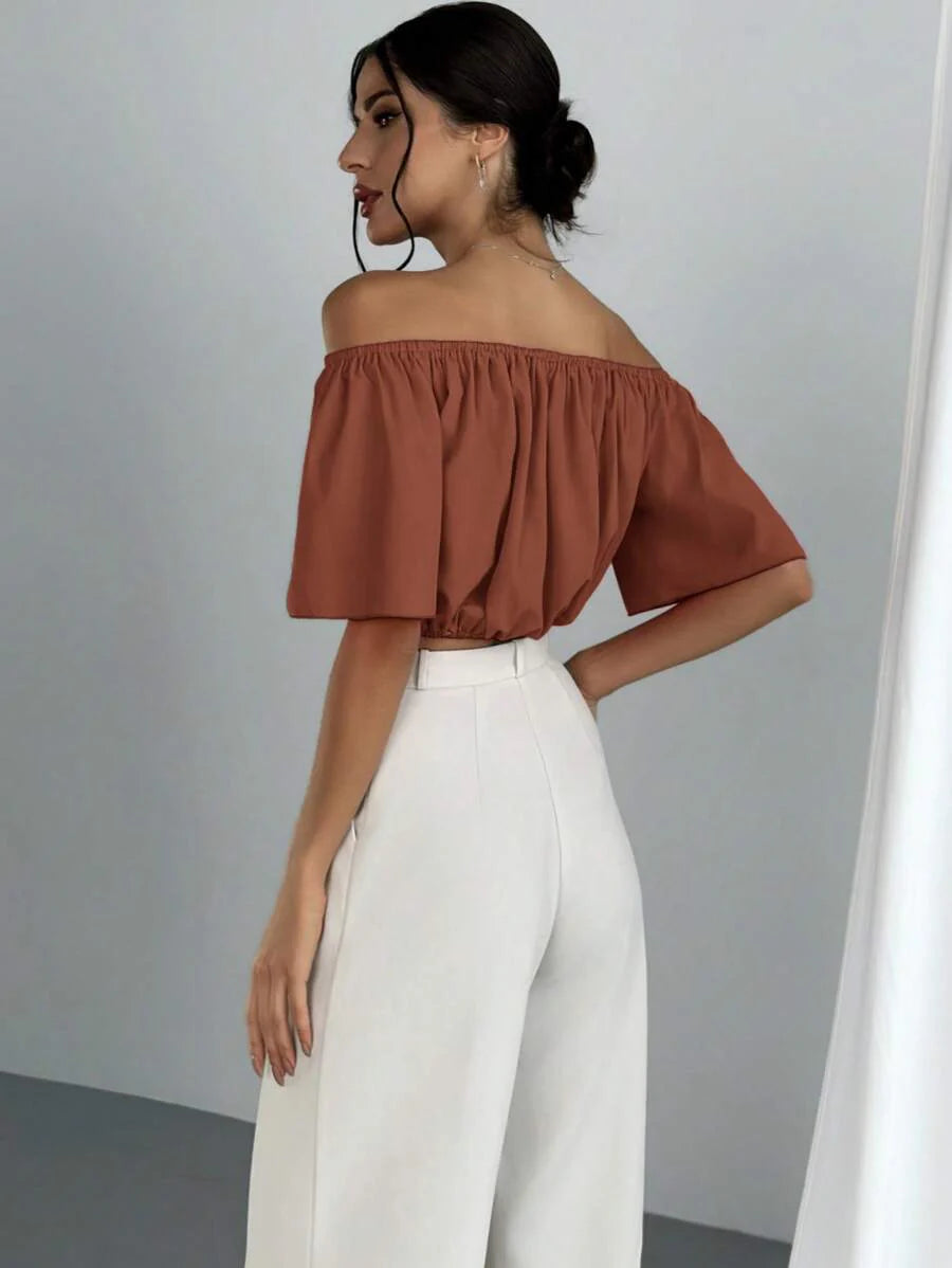 Aloruh Solid Color V-Neck Off Shoulder Casual Top