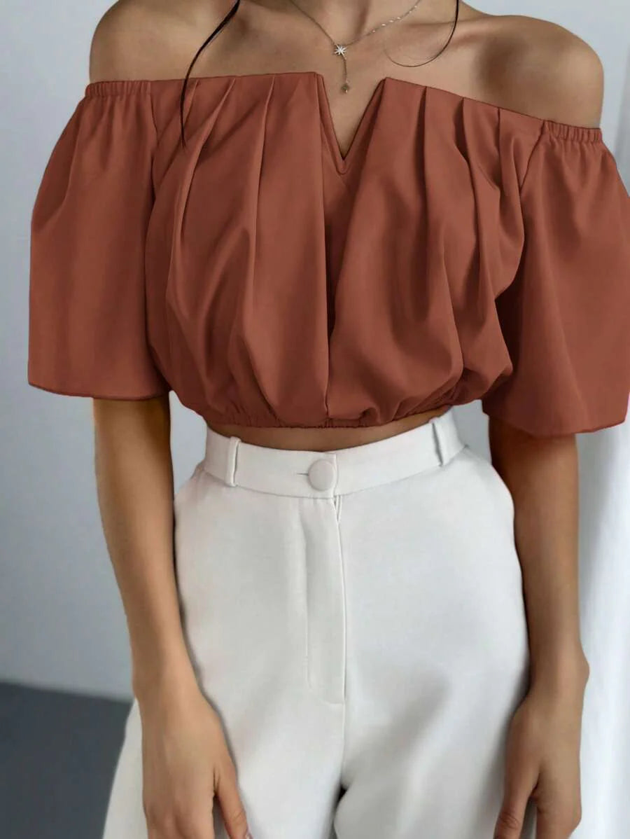 Aloruh Solid Color V-Neck Off Shoulder Casual Top