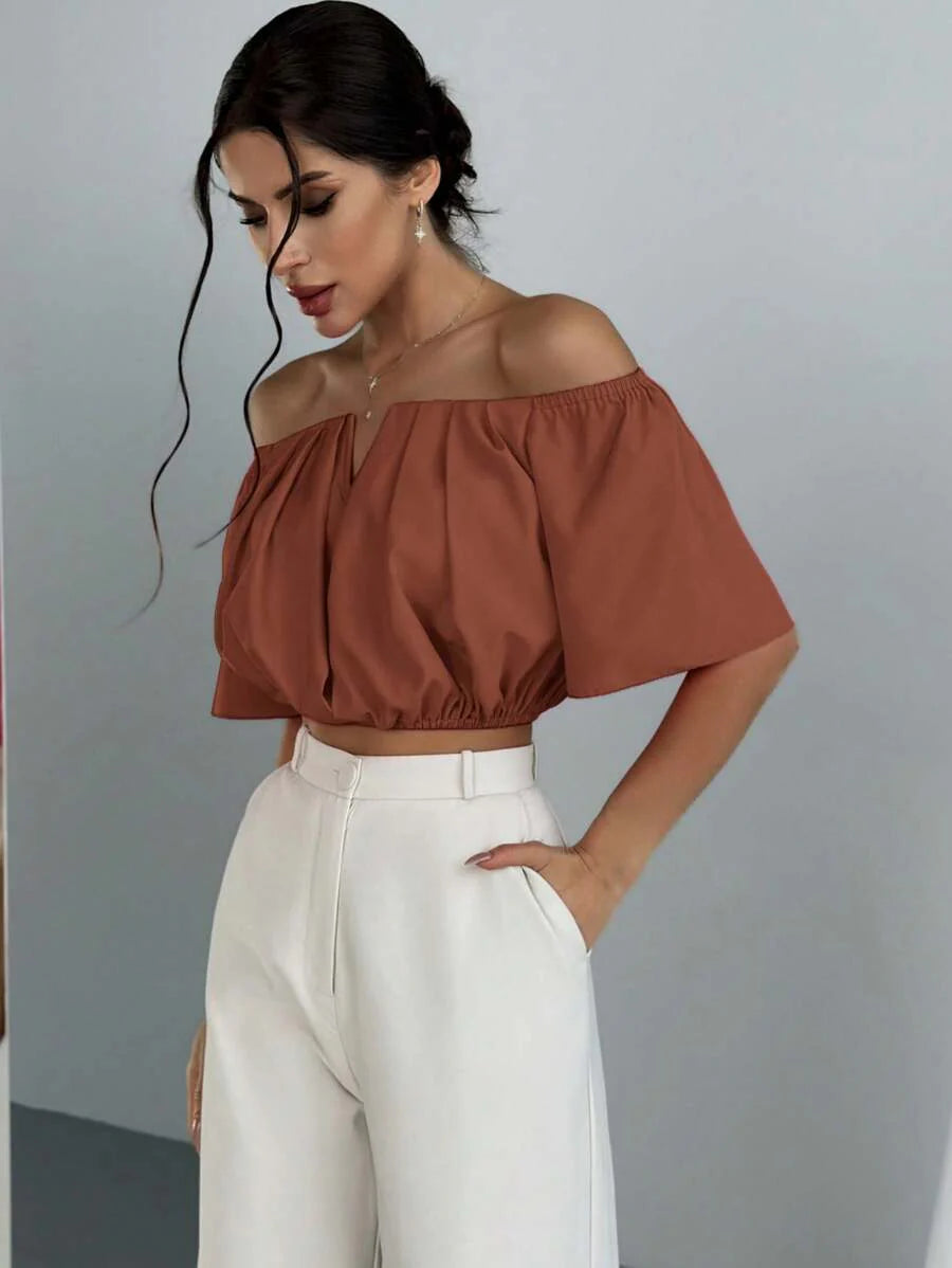 Aloruh Solid Color V-Neck Off Shoulder Casual Top