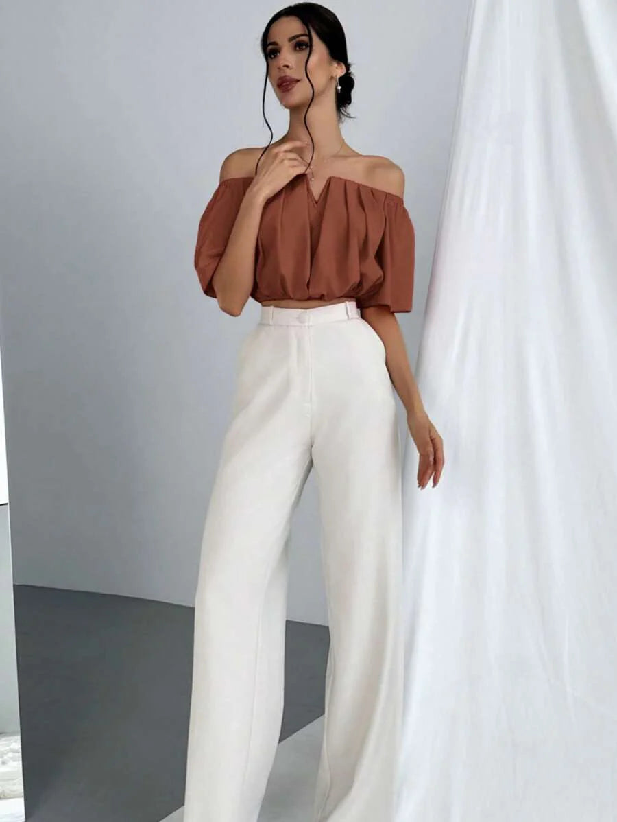 Aloruh Solid Color V-Neck Off Shoulder Casual Top
