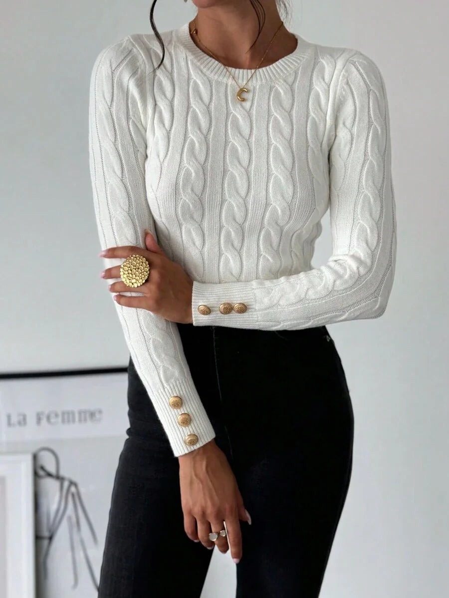 Firerie Women's Elegant Casual College Style Versatile White Crew Neck Cable Knit Button Decor Fitted Sweater
