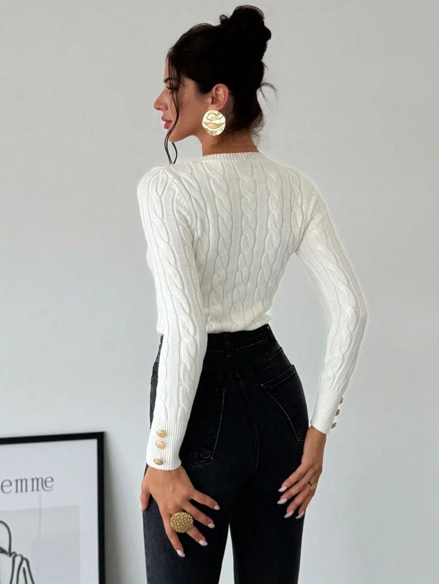 Firerie Women's Elegant Casual College Style Versatile White Crew Neck Cable Knit Button Decor Fitted Sweater