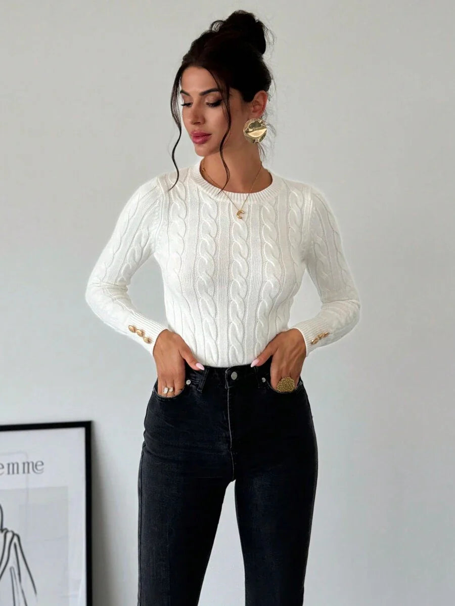 Firerie Women's Elegant Casual College Style Versatile White Crew Neck Cable Knit Button Decor Fitted Sweater