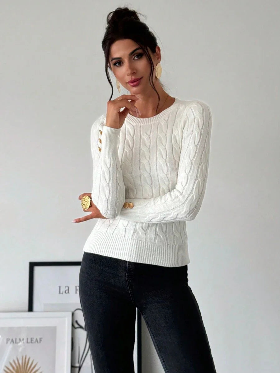 Firerie Women's Elegant Casual College Style Versatile White Crew Neck Cable Knit Button Decor Fitted Sweater