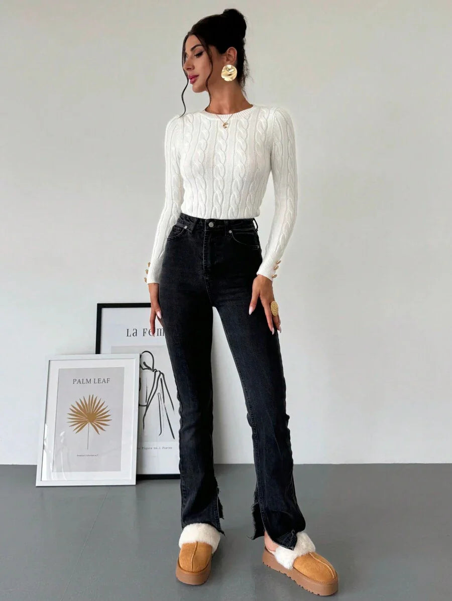 Firerie Women's Elegant Casual College Style Versatile White Crew Neck Cable Knit Button Decor Fitted Sweater