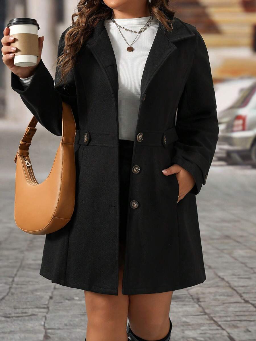 EMERY ROSE Black Lapel Button Decor Waist Cinched Mid-Length Women Overcoat