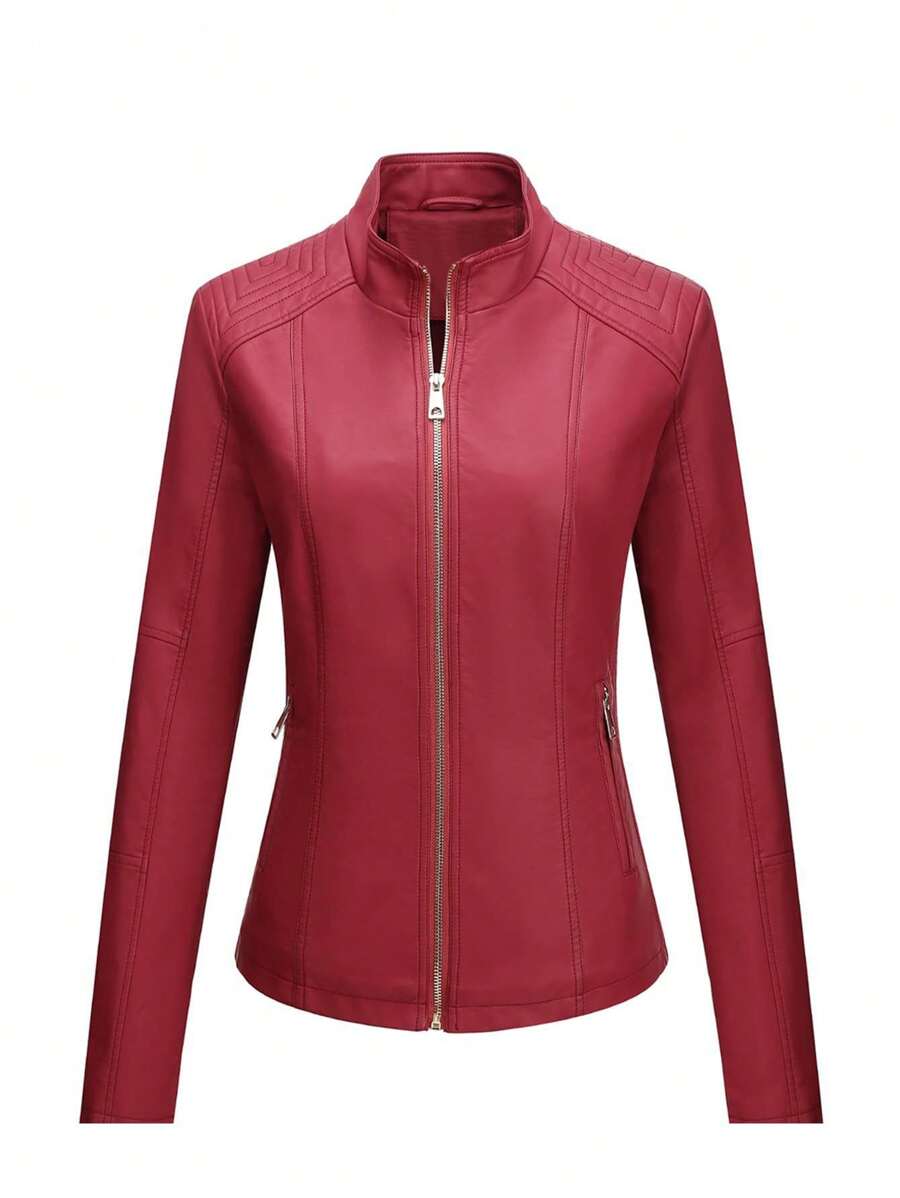 Giolshon Women's Fall/Winter Faux Leather Biker Jacket - Asymmetric Zip, Stand Collar For Edgy Commuting