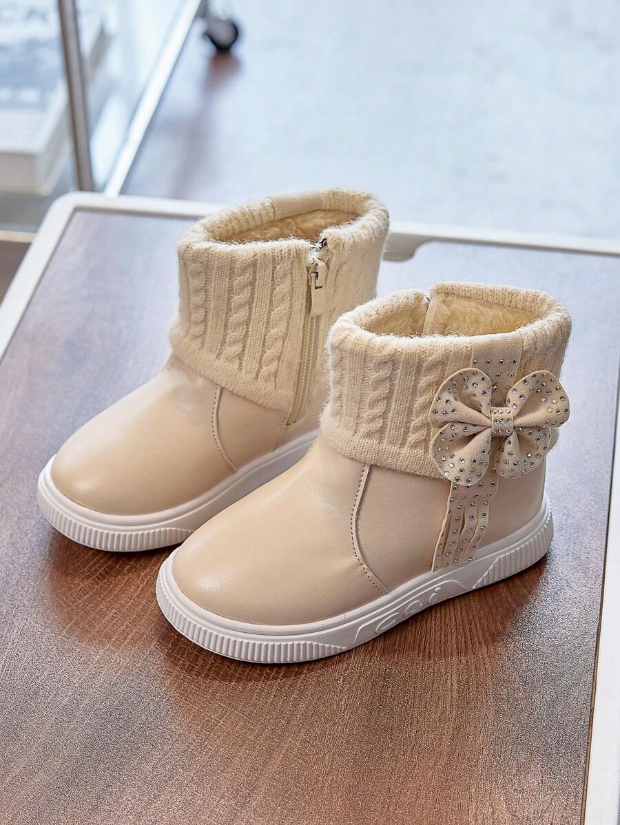 1 Pair Beige Girls Snow Boots, New Autumn Winter Toddler Warm Plush Lining Waterproof Non-Slip Princess Boots