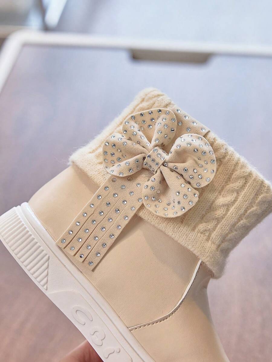 1 Pair Beige Girls Snow Boots, New Autumn Winter Toddler Warm Plush Lining Waterproof Non-Slip Princess Boots