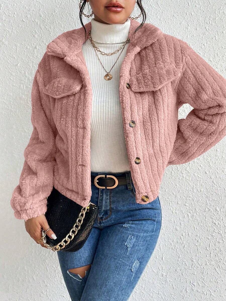 EMERY ROSE Flap Detail Fluffy Jacket Fall Winter Cloth For Women