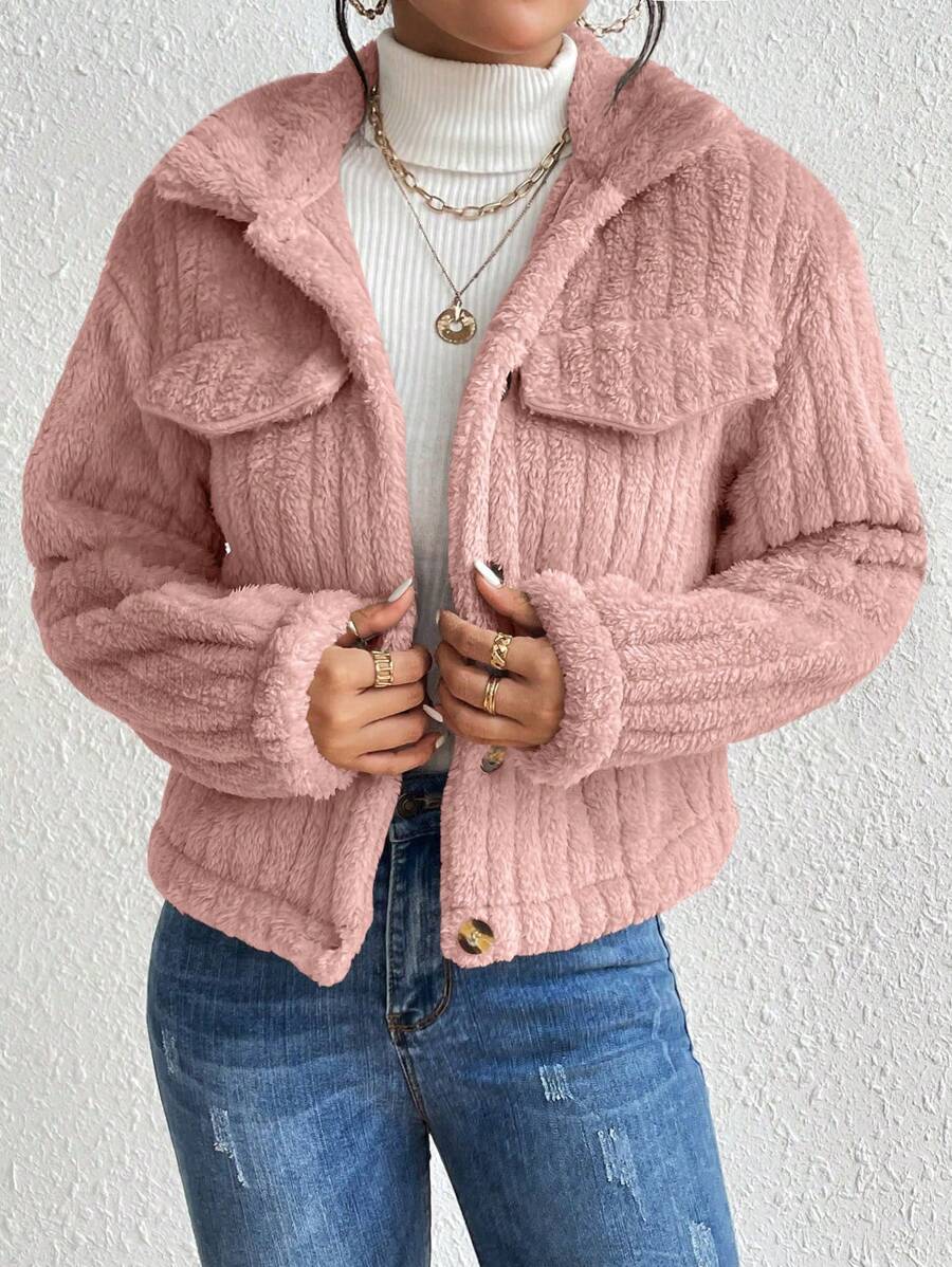 EMERY ROSE Flap Detail Fluffy Jacket Fall Winter Cloth For Women