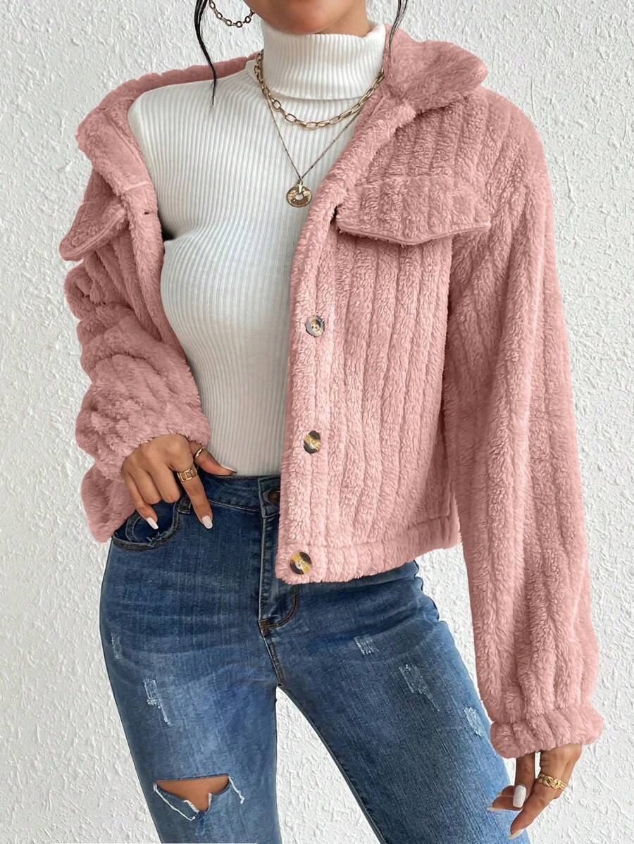 EMERY ROSE Flap Detail Fluffy Jacket Fall Winter Cloth For Women